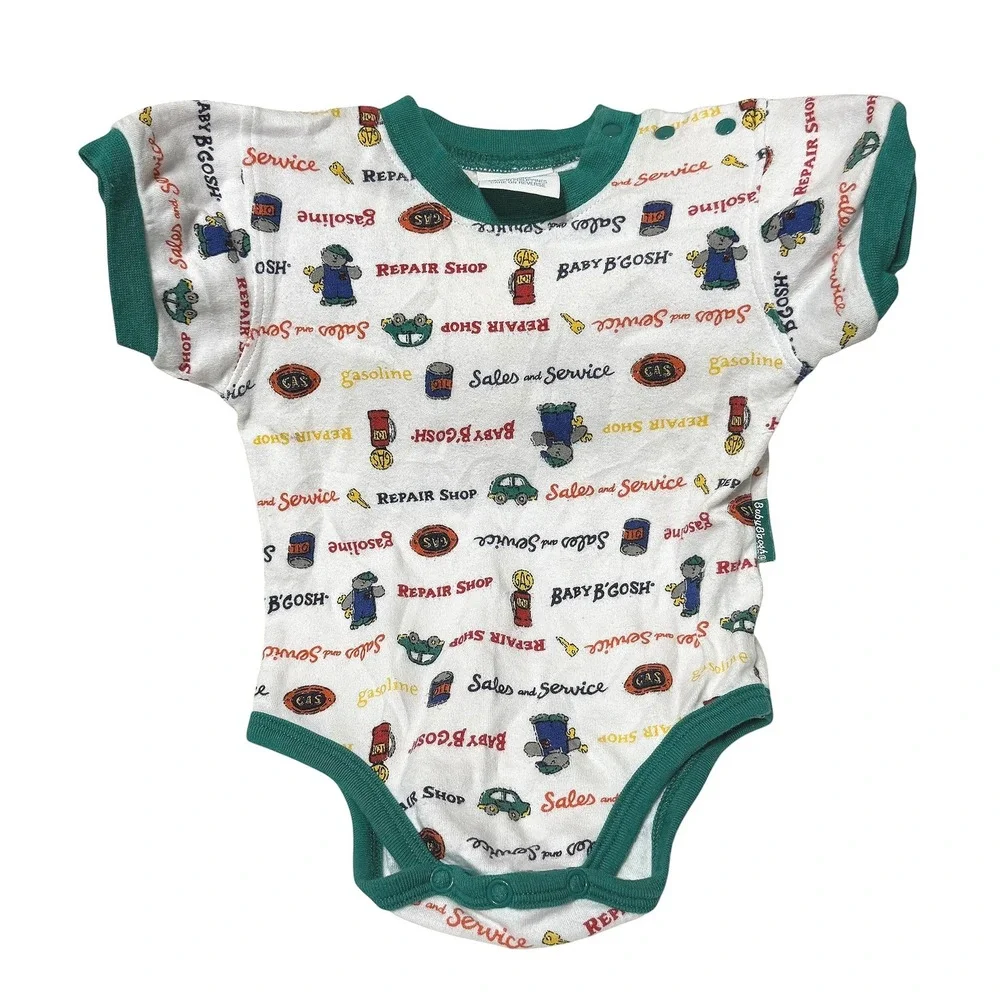 Vintage Baby B'Gosh Repair Shop Car Print Short Sleeve Bodysuit Green 3-6 Months